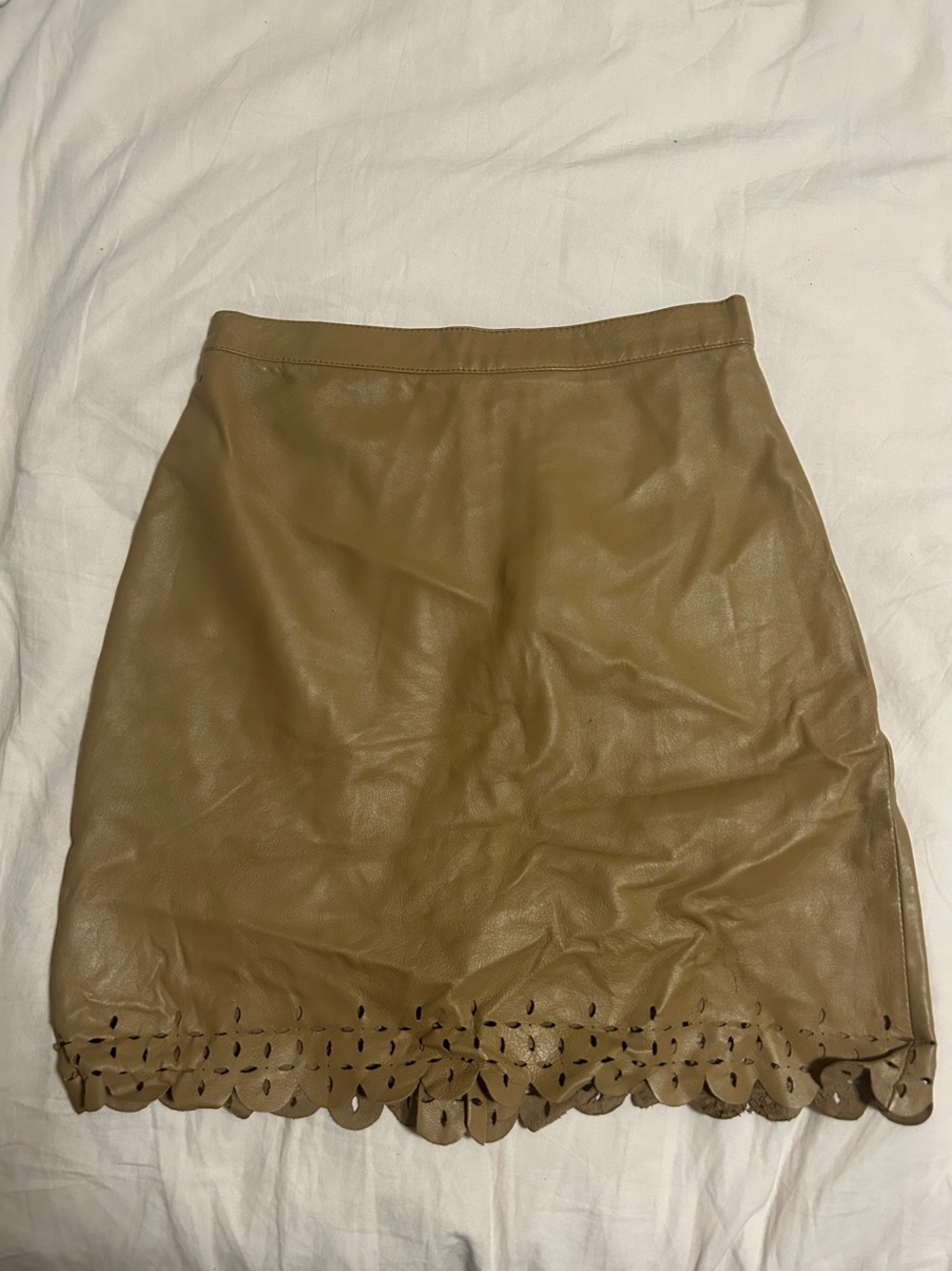 ETE Tan Leather Mini Skirt with Scalloped Cutout Hem